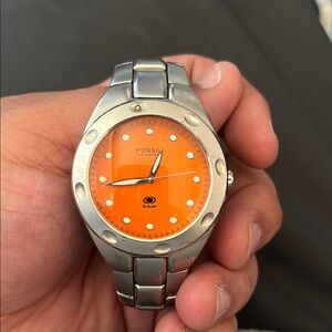 Fossil Orange Dial Silver Watch